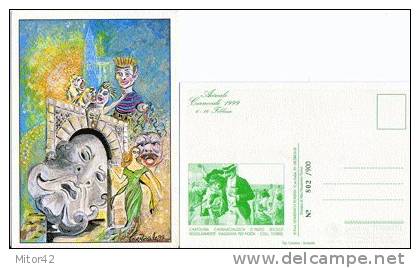 30-Carnevale-Cartolina Del Carnevale Di Acireale 1999 Con Vignetta Verde, Al Retro.Numerata. - Carnaval