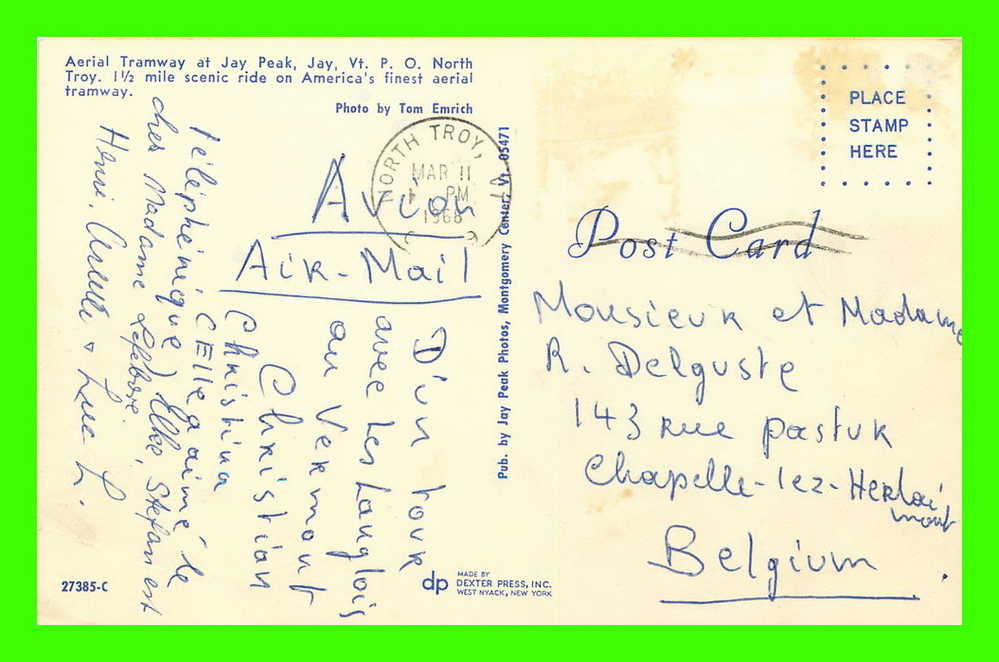 JAY PEAK, VT - AERIAL TRAMWAY - CARD TRAVEL IN 1968 - DEXTER PRESS INC - - Andere & Zonder Classificatie