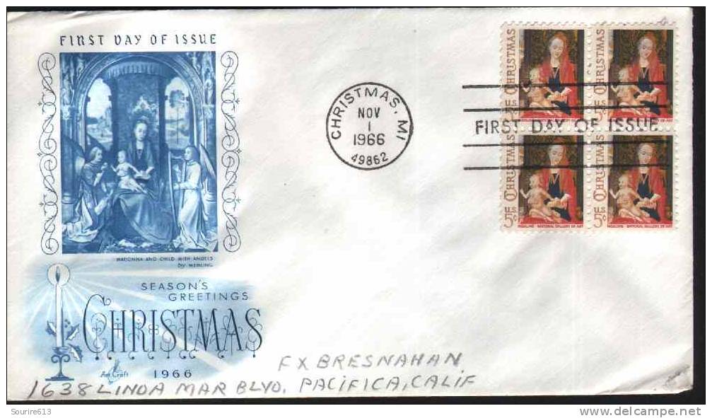 Fdc Usa 1966 Religions Tableaux Memling 1430 1494 La Mère & L'Enfant Noël Bloc 4 - Tableaux