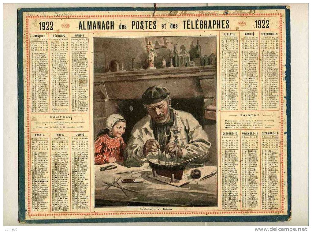 CALENDRIER - ALMANACH DES POSTES ET DES TELEGRAPHES 1922 - CONSTRUCTION MAQUETTE - BATEAU - MARIN BRETON - Big : 1921-40