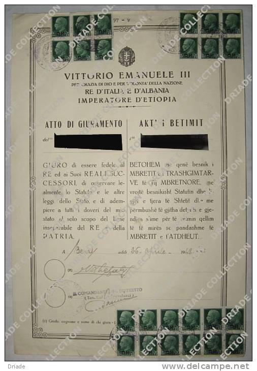 DOCUMENTO ATTO DI GIURAMENTO CON  FRANCOBOLLI P.M. PER USO FISCALE CENTESIMI 25 FISCALI VITTORIO EMANUELE III FISCALI - Steuermarken