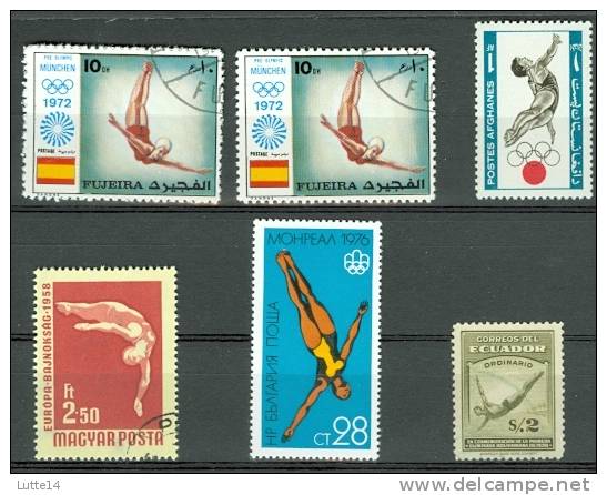 6  Timbres PLONGEON (lot N°05):  Fujeira - Afghanistan - Bulgarie - Hongrie -  Equateur -  Jeux Olympiques - High Diving