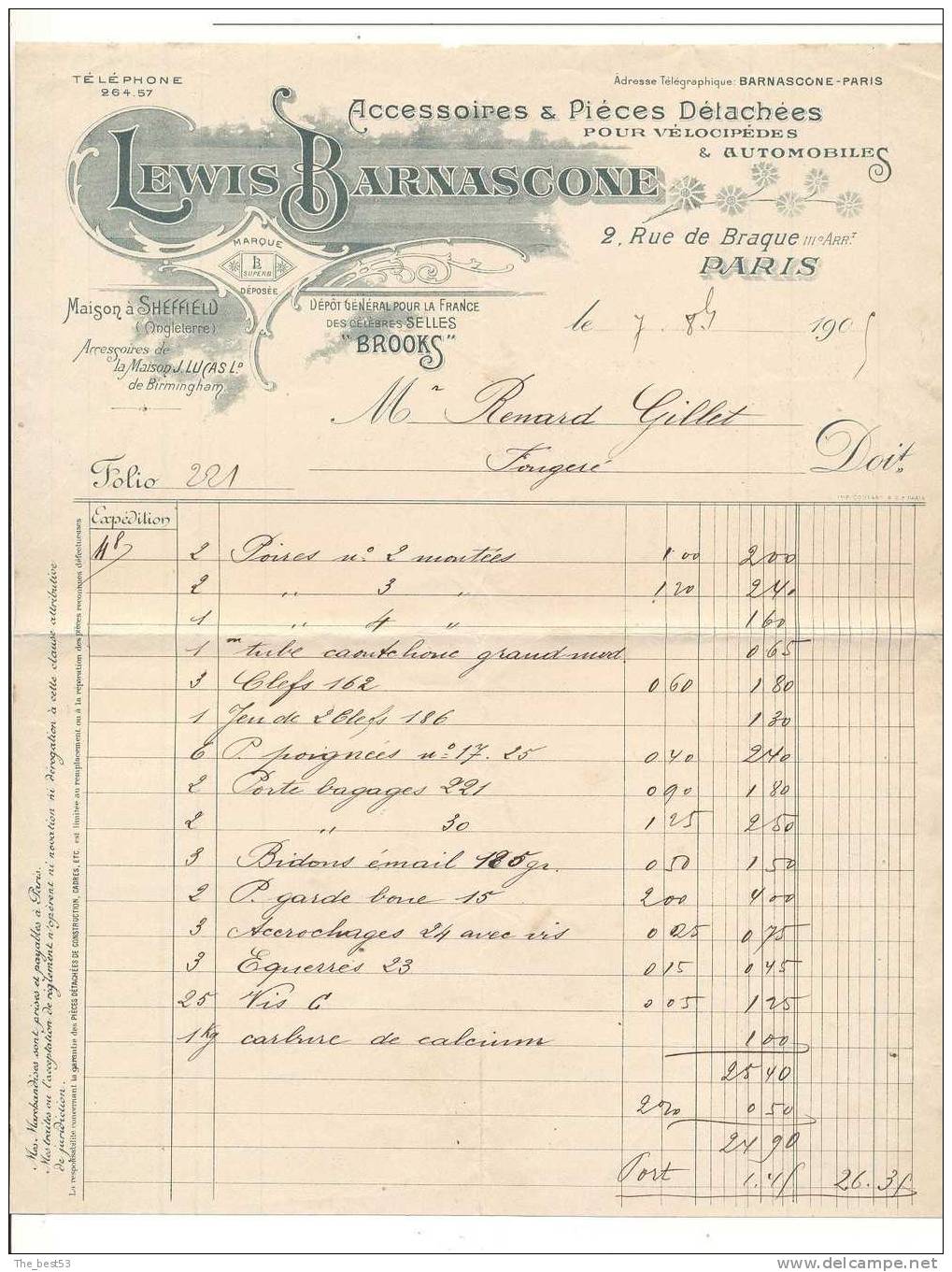 Facture     Accéssoires & Pièces Détachées Pour Vélocipèdes & Automobiles - Lewis Barnascone - Paris (75) - Auto's