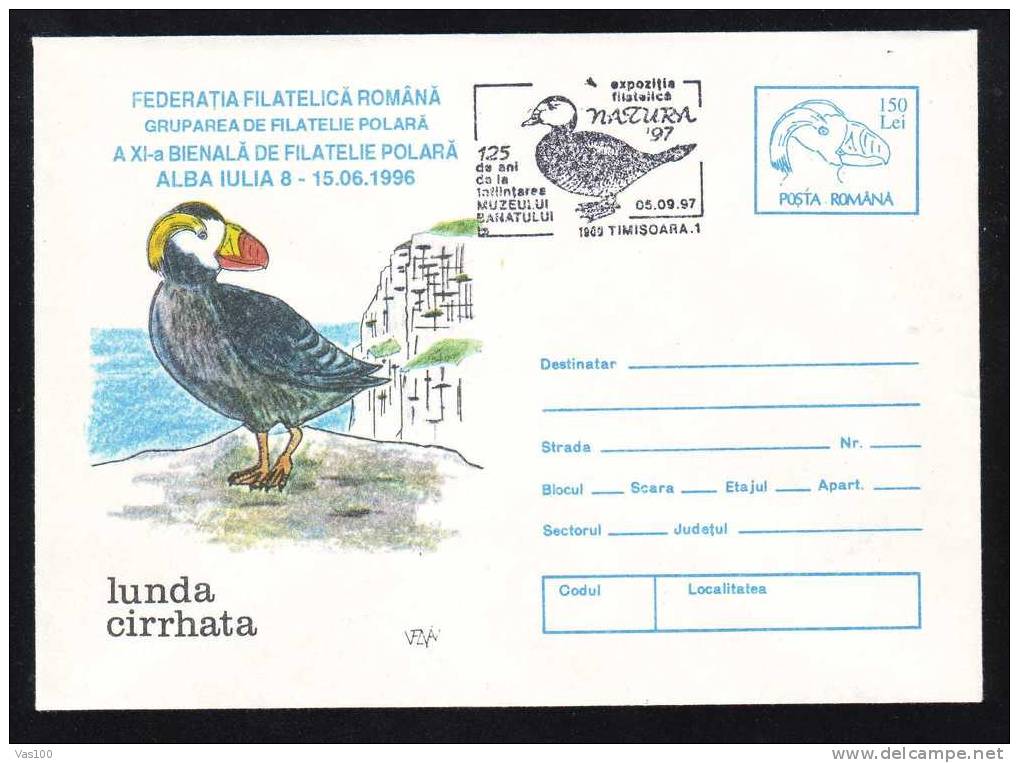 Lunda Cirrhata,entier Postaux Romania 1996 Obliteration Concordante –Bird Lunda Cirrhata Cover Stationery From Romania. - Möwen