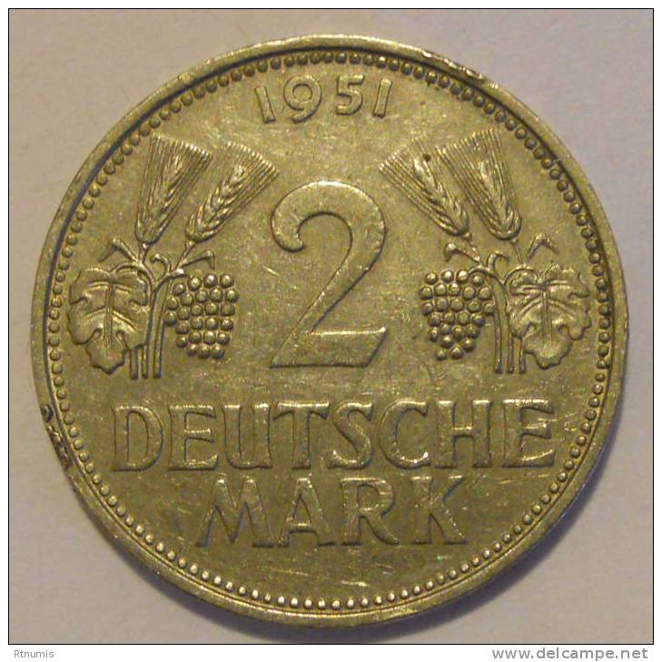 Allemagne Germany Deutschland 2 Mark "aux Raisins" 1951 F RARE ! - 2 Marchi