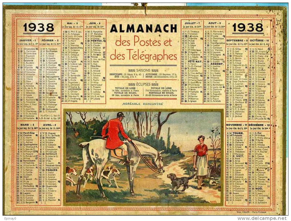 CALENDRIER - ALMANACH DES POSTES ET DES TELEGRAPHES 1938 - CHASSE à COURRE - Big : 1921-40