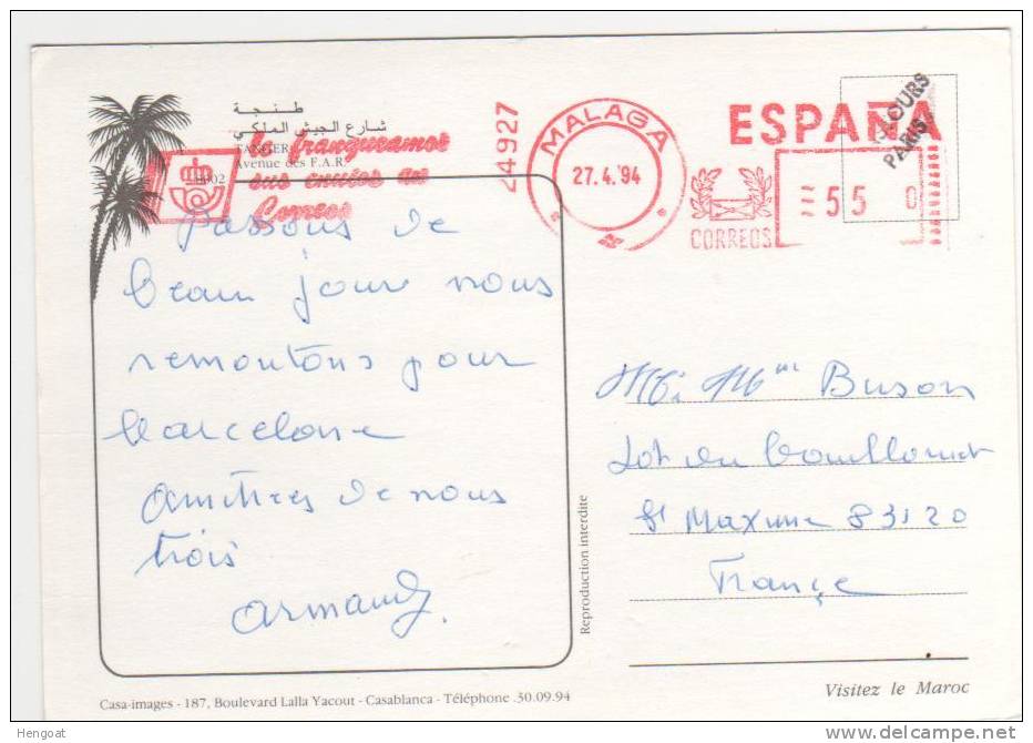 EMA Rouge  De Malaga Du 27/4/94 / Carte De Tanger , 2 Scans - Lettres & Documents