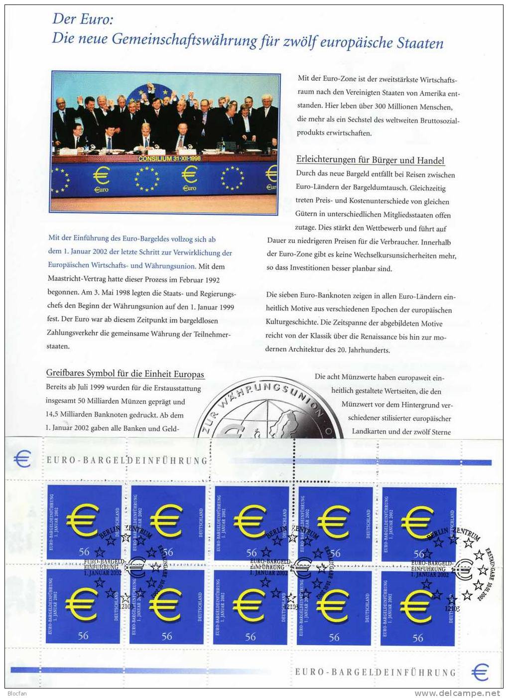 Einführung Der EURO-Währung 2002 BRD 2234 Im 10-KB SST 20€ Deutschland/Europa Hb Hoja Bloc M/s Coin Sheetlet Bf Germany - 2002