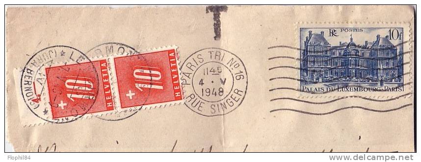 TAXE SUISSE SUR FRAGMENT PARIS TRI N°16 RUE SINGER 4-5-1948 - 1859-1959 Storia Postale