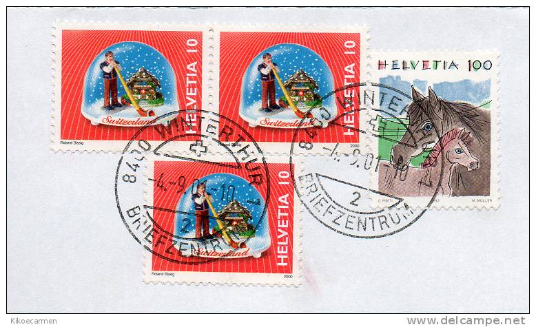 HELVETIA SVIZZERA  SWISS SWITZERLAND Winterthur 2000 2001 Christmas Noel Natale Horse, Used Usato Usado COMPLETE COVER - Covers & Documents