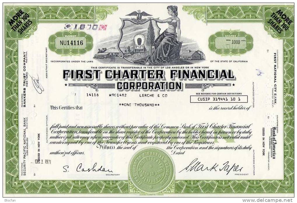 First Charter Financial Corp. USA 1971 Feinst 1000 Shares - Bank & Versicherung