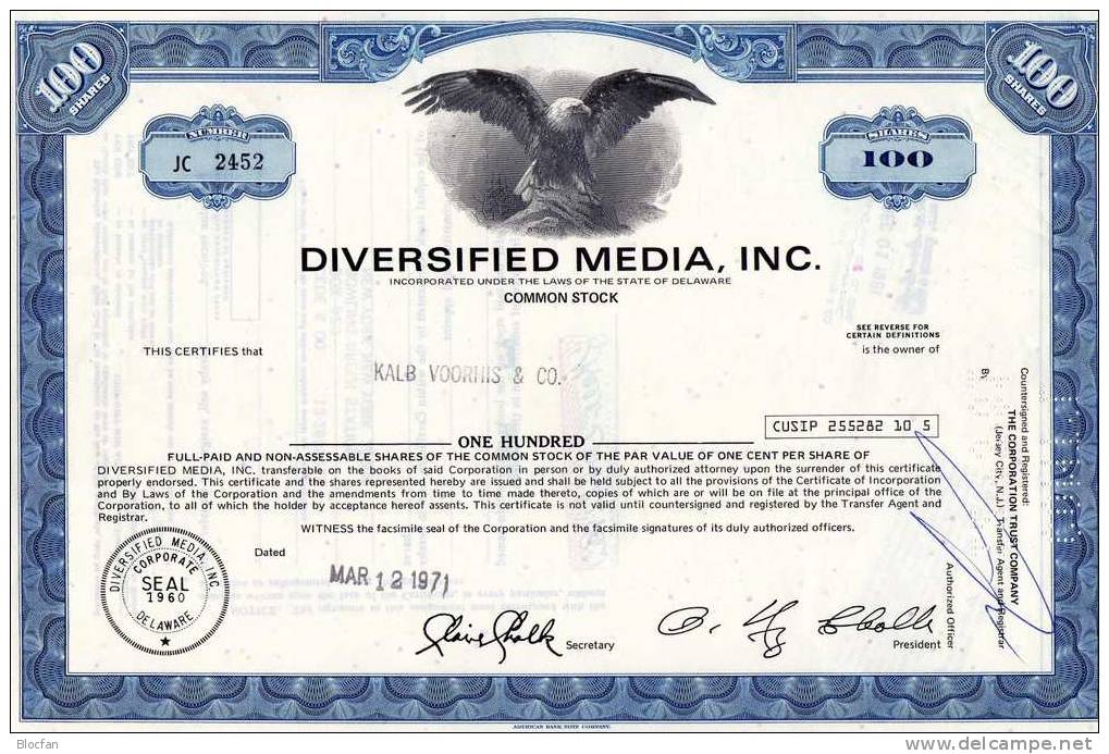 Diversified Media INC. Delaware USA 1971 Feinst 100 Shares - Kino & Theater