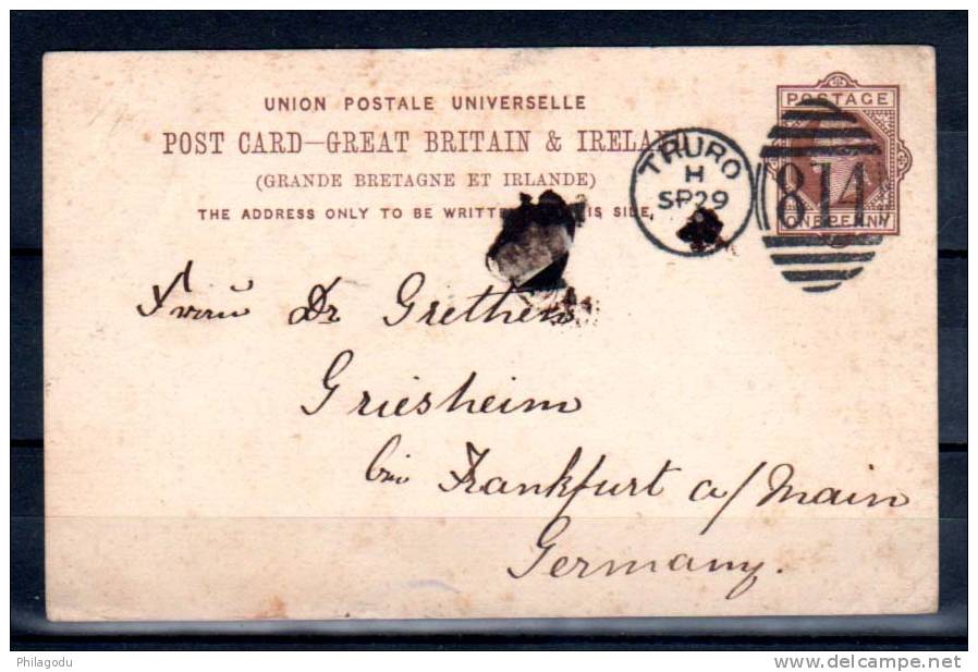 GB     TRURO 29 Sept 1885, Entier Carte Postale   For Germany  Postal Stationary  Cancel 814 - Briefe U. Dokumente