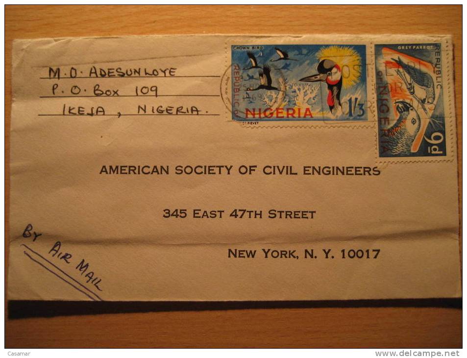 NIGERIA 1969 Ikeja To New York NY USA 2 Stamps Parrots Loro Pajaro Birds Sobre Cover Enveloppe British Area GB UK Africa - Nigeria (1961-...)