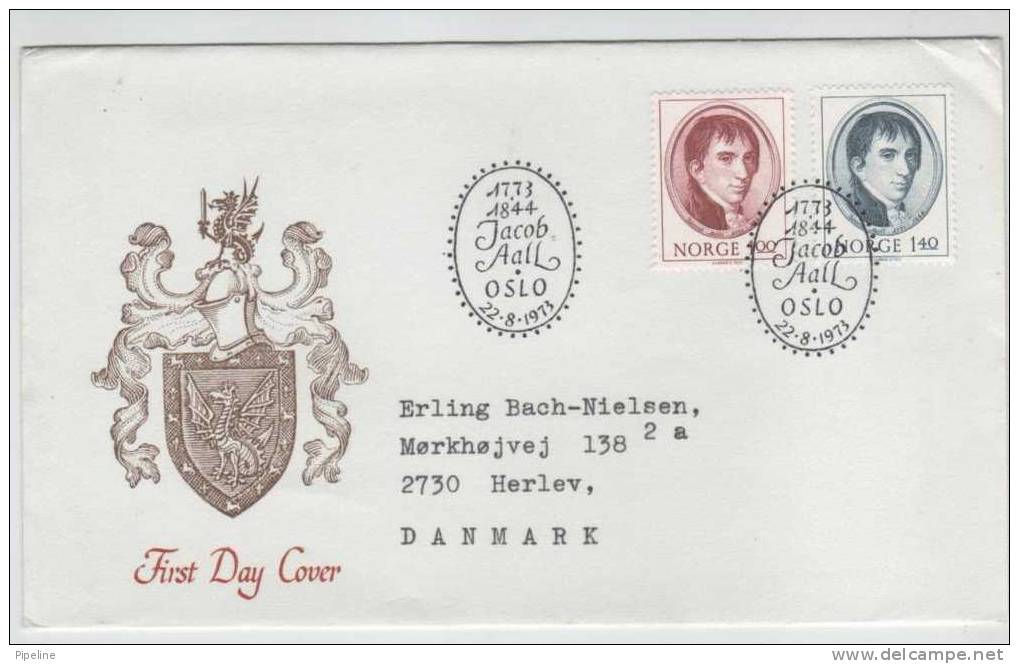 Norway FDC Jacob Aall 22-8-1973 With Cachet Sent To Denmark - FDC