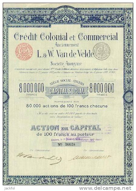 Crédit Colonial Et Commercial (anc. L & W Van De Velde) Cap 1913 - Bank & Versicherung