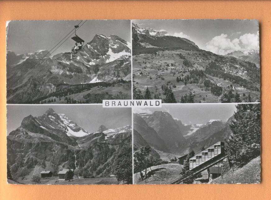 H1005 Braunwald Multi-vues.Train,télésiège,Bahn,Tampon Hotel Alpina,Cachet LINAIRE Braunwald 1962.Fred Barbier Braunwald - Braunwald