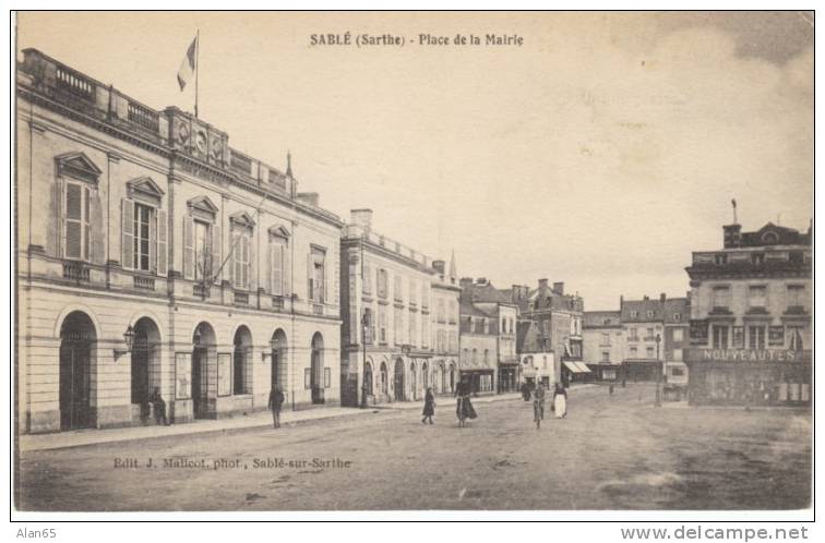 Sable, Place De La Mairie, Bicycle Street Scene 1910s Vintage Postcard - Sable Sur Sarthe