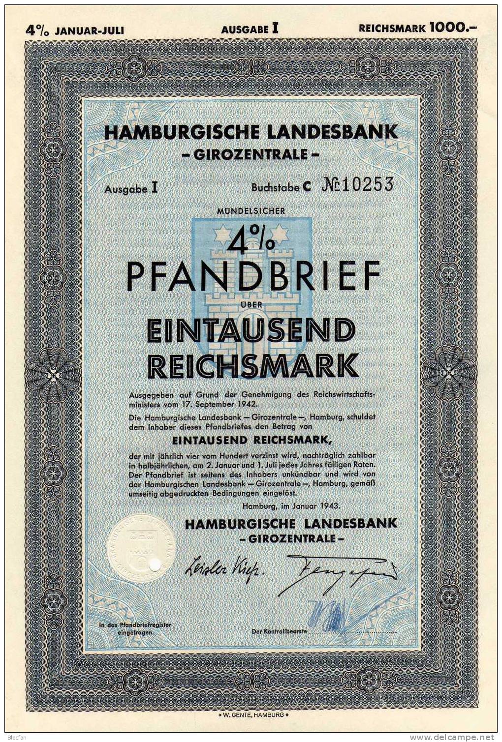 Deutschland Hamburgische Landes-Pfandbriefanstalt 1943 Feinst 1000 Reichsmark Girozentrale Hamburg Document From Germany - Bank & Versicherung