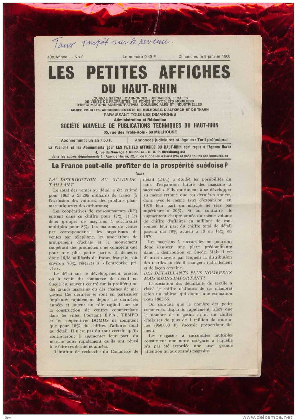 Les Petites Affiches Du Haut Rhin  , Dimanche 9 Janvier 1966 TBE - 6 Pages - Journaux Anciens - Avant 1800