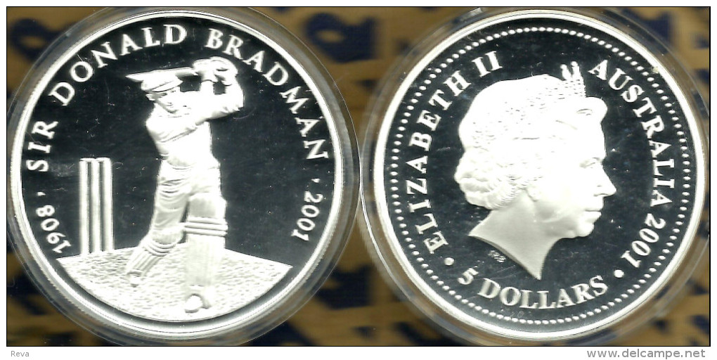 AUSTRALIA  $5 DOLLARS BRADMAN CRICKET SPORT  FRONT QEII HEAD BACK  2001  AG SILVER PROOF READ DESCRIPTION CAREFULLY !! - Autres & Non Classés