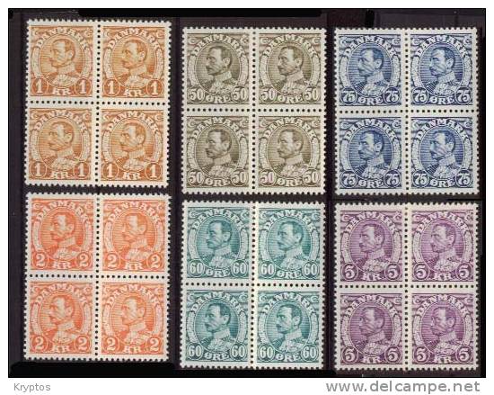 Denmark - 1933-41 - Chr. X Complete Set (6 Values) In Blocks Of 4 - Unused Stamps