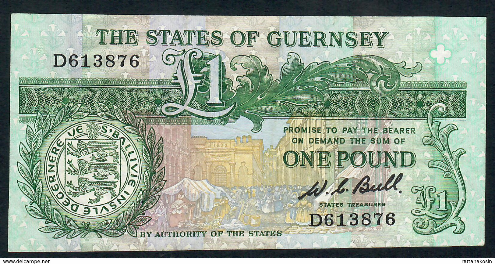 GUERNSEY P48a 1  POUND 1980 #D   Signature BULL    XF - Guernesey