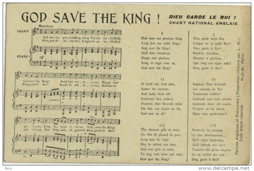 God Save The King - Dieu Garde Le Roi Hymne National Anglais  Paroles Et Musique Non Circulé BE - Musik