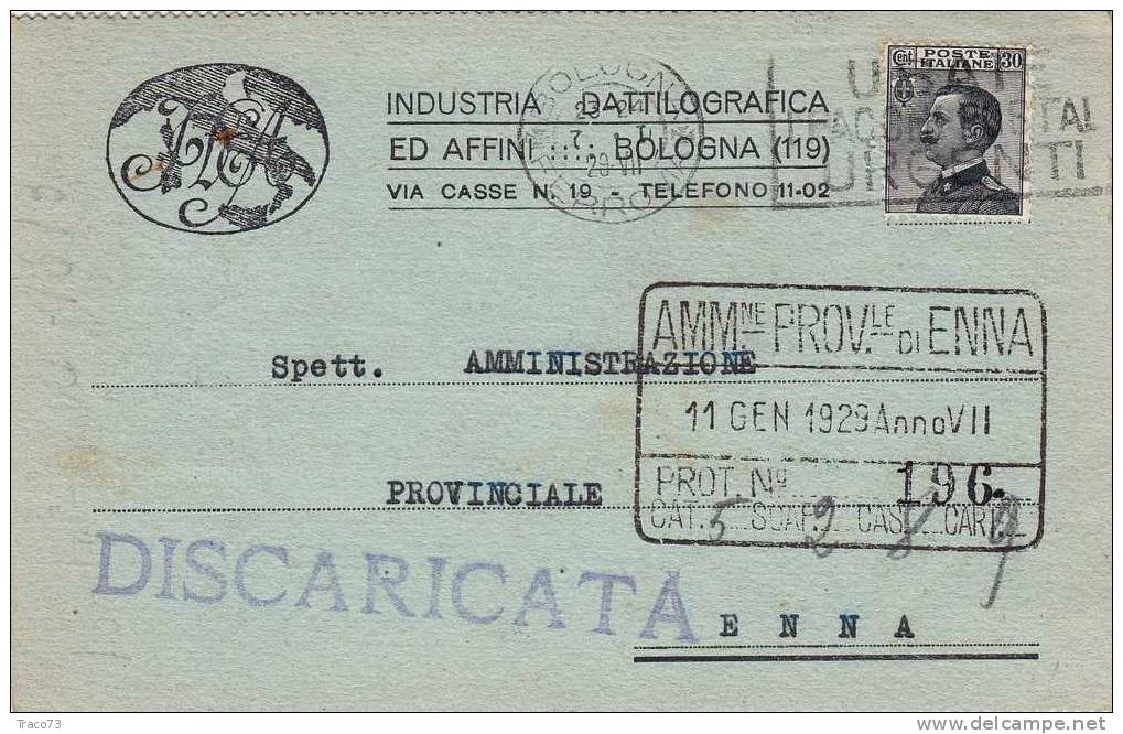 BOLOGNA  07.01.1929  - Card Cartolina - " Industria Dattilografica "  Firma  RR - Publicity