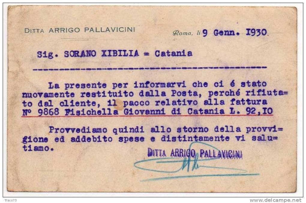 ROMA   09.01.1930  - Card Cartolina - " Ditta Arrigo Pallavicini "  Firma  RR - Publicity