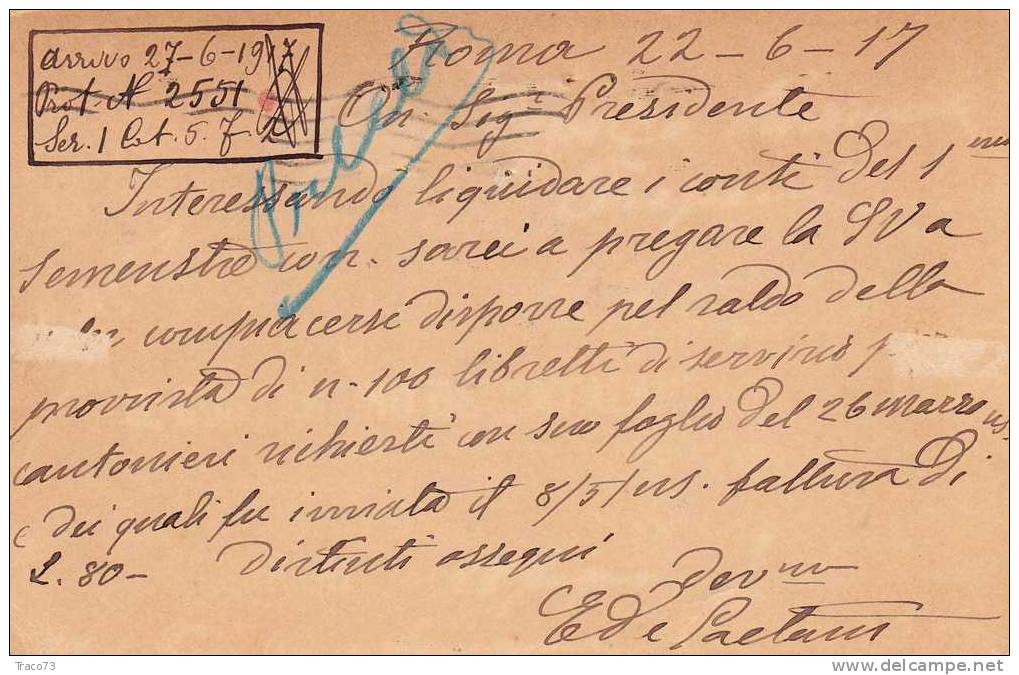 ROMA   22.06.1917  - Card Cartolina - " Stab. Tipo-Litografico Genio Civile "   Firma - Publicity