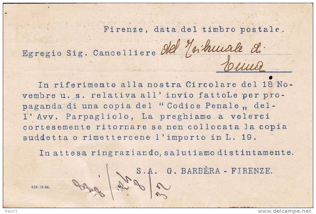 Firenze  06.06.1934?  -  Card Cartolina -   " Ditta G. BARBERA Editore" - Publicity