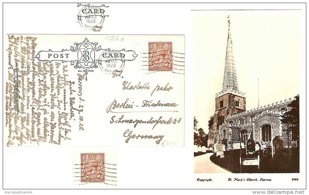 AK 5165 St. Mary´s Church, Harrow. 27. OCT 1928 3 45 PM HARROW MIDDY Nach Berlin-Friedenau - London Suburbs