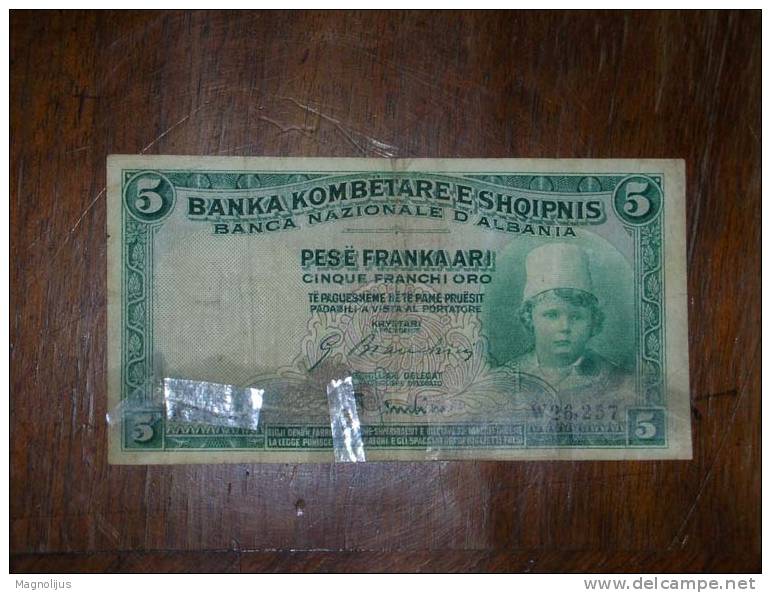 Albania,Banknote,Paper Money,Bill,Geld,Pese Franka Ari,5 Francs,Vintage,Damaged - Albanië