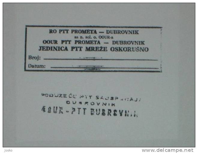 Post Office OSKORUSNO On PELJESAC Near Dubrovnik - Croatia Ex Yugoslavia Vintage Official Seal 1980s Croatie Kroatien - Seals