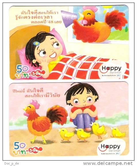 Thailand - Set Of 2 Prepaid Cards - Chicken - Huhn - Hahn - Cock - Kücken - Comic - Happy - Thailand