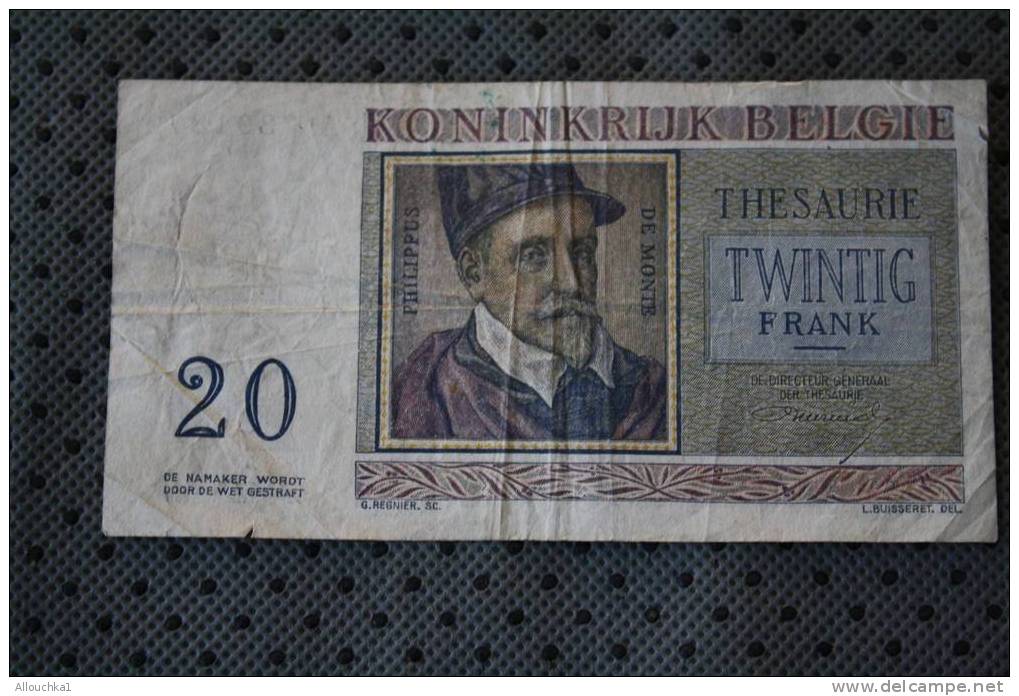 BILLET DE BANQUE DE LA BANK  BANCA DE BELGIQUE BELGIE     DE 20 FRANCS  THEME  PHILIPPUS DE MONTE  -ROLAND DE LASSUS - 20 Franchi