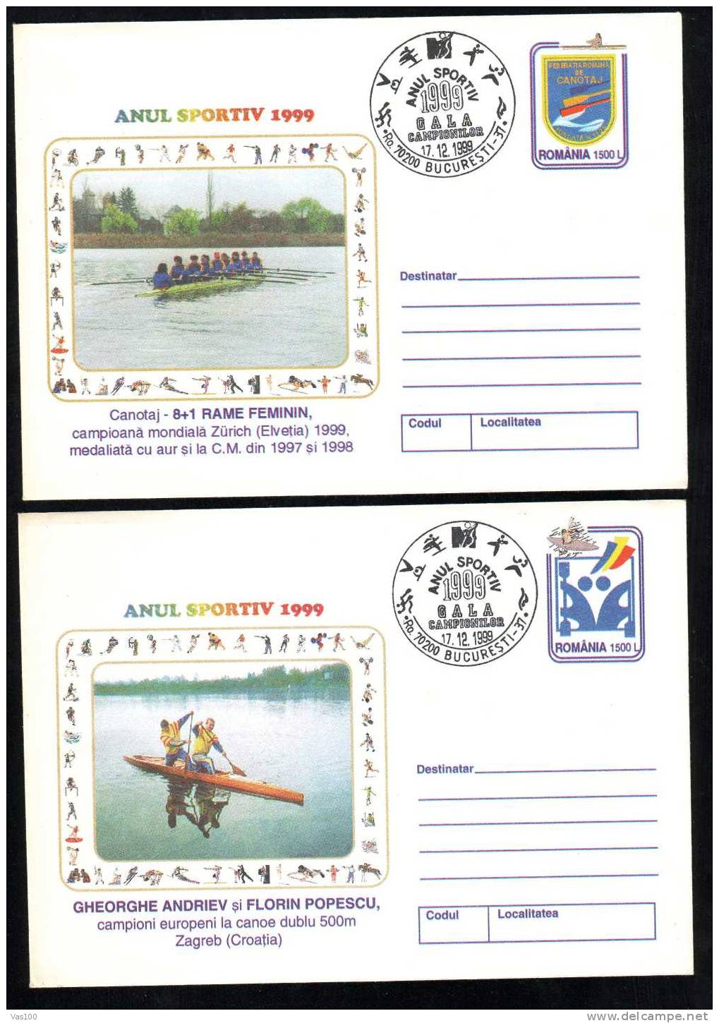 Zurich Suisse,Rowing World Championship 1999,2x Entier Postaux Cover Stationery Obliteration Concordante Romania. - Canoë