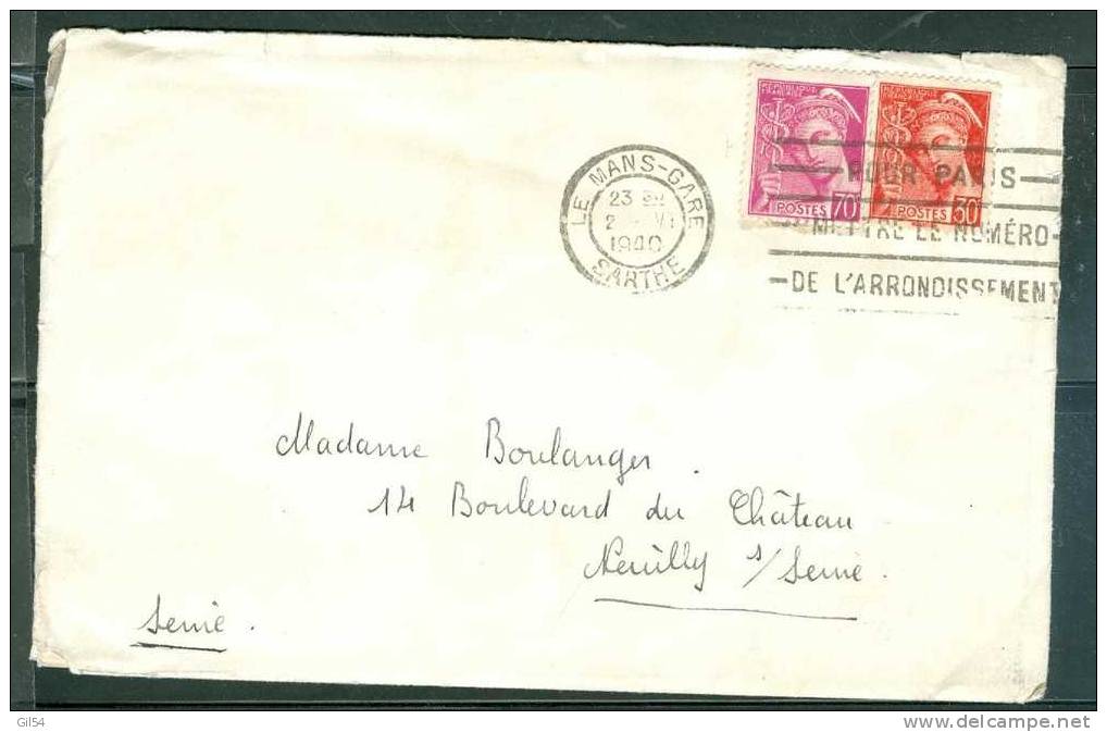 France Type Mercure Yvert N°416 + 412 Sur Lettre En 1940  Po35109 - 1938-42 Mercure