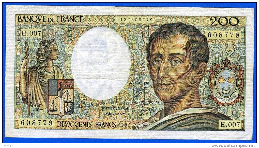 BILLET  DE DEUX CENTS  FRANCS. 200 F. ( MONTESQUIEU ).  1988  /  M . 058 .    / ETAT .T  T  B . VOIR SCAN - 200 F 1981-1994 ''Montesquieu''