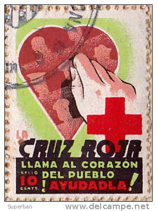 LA CRUZ ROJA LLAMA AL CORAZON DEL PUEBLO / SELLO 10 CENTS - BLOC De 10 TIMBRES OBLIT. Sur FRAGMENT DOC. (d-900) - Spanish Civil War Labels