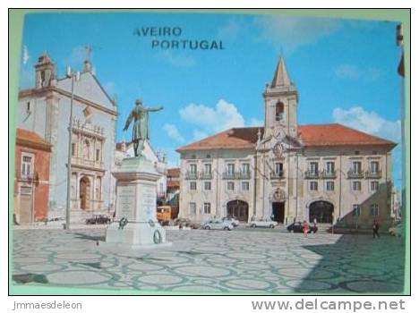 Portugal 1988 Illustrated Postcard Sent To Belgium - Aveiro Church Statue Republic Square - Rural House Stamp - Brieven En Documenten