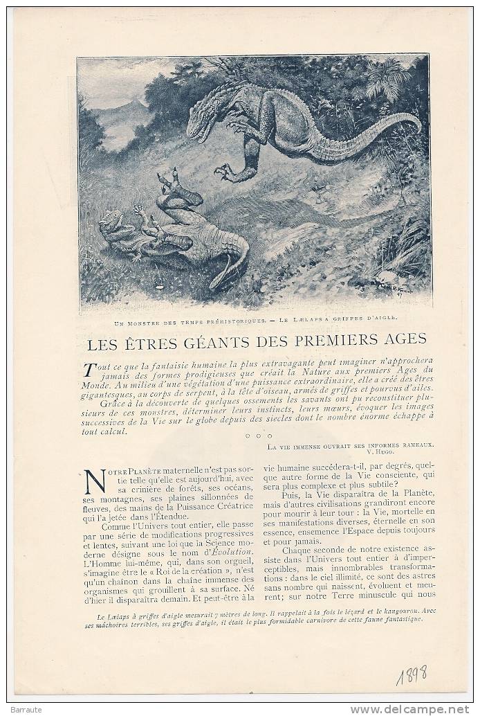 Feuillet Article Actualité De 1898 " LES ETRES GEANTS Des PREMIERS AGES" - Contes