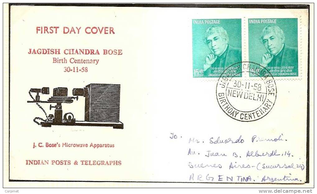 ELECTRICITY - India 1958 J.C.BOSE´S MICROWAWE APPARATUS First Day Cover -Yvert # 107 - Sent  NEW DELHI To BUENOS AIRES - Electricity