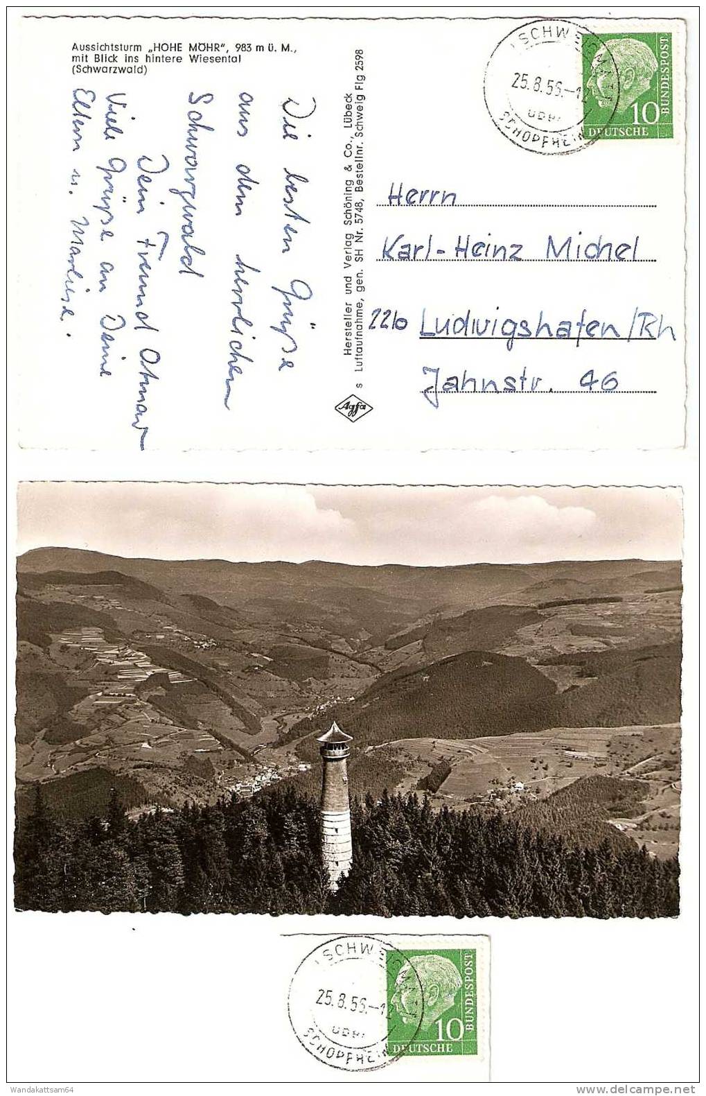 AK Aussichtsturm "HOHE MÖHR" 983 M ü. M. Mit Blick Ins Hintere Wiesental 25.8.56 - 12 ) SCHWEIGMATT über SCHOPFHEIM - Schopfheim