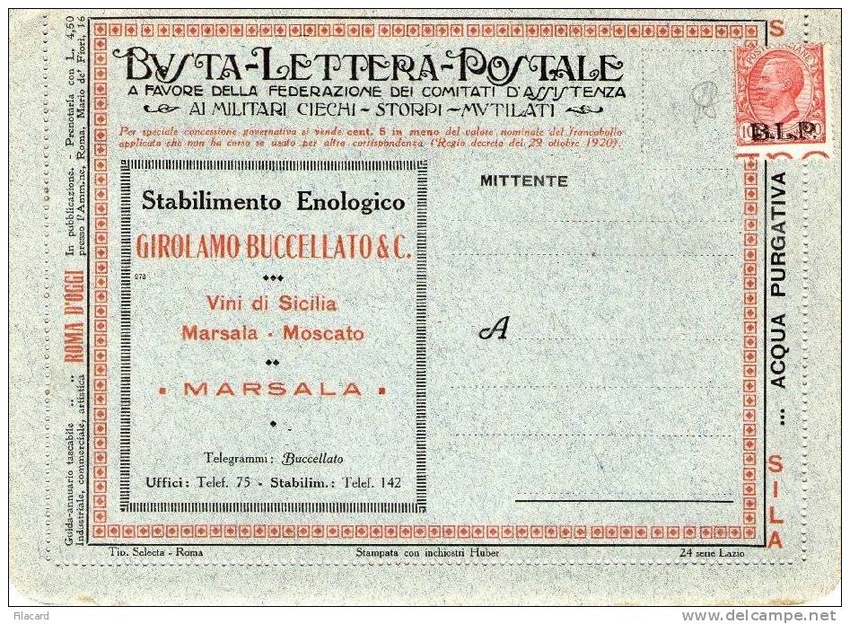 Italia Italy Italien Italie 1921-23 BLP  Busta Pubblicitaria   B.L.P. 10c Buccellato Marsala - Timbres Pour Envel. Publicitaires (BLP)