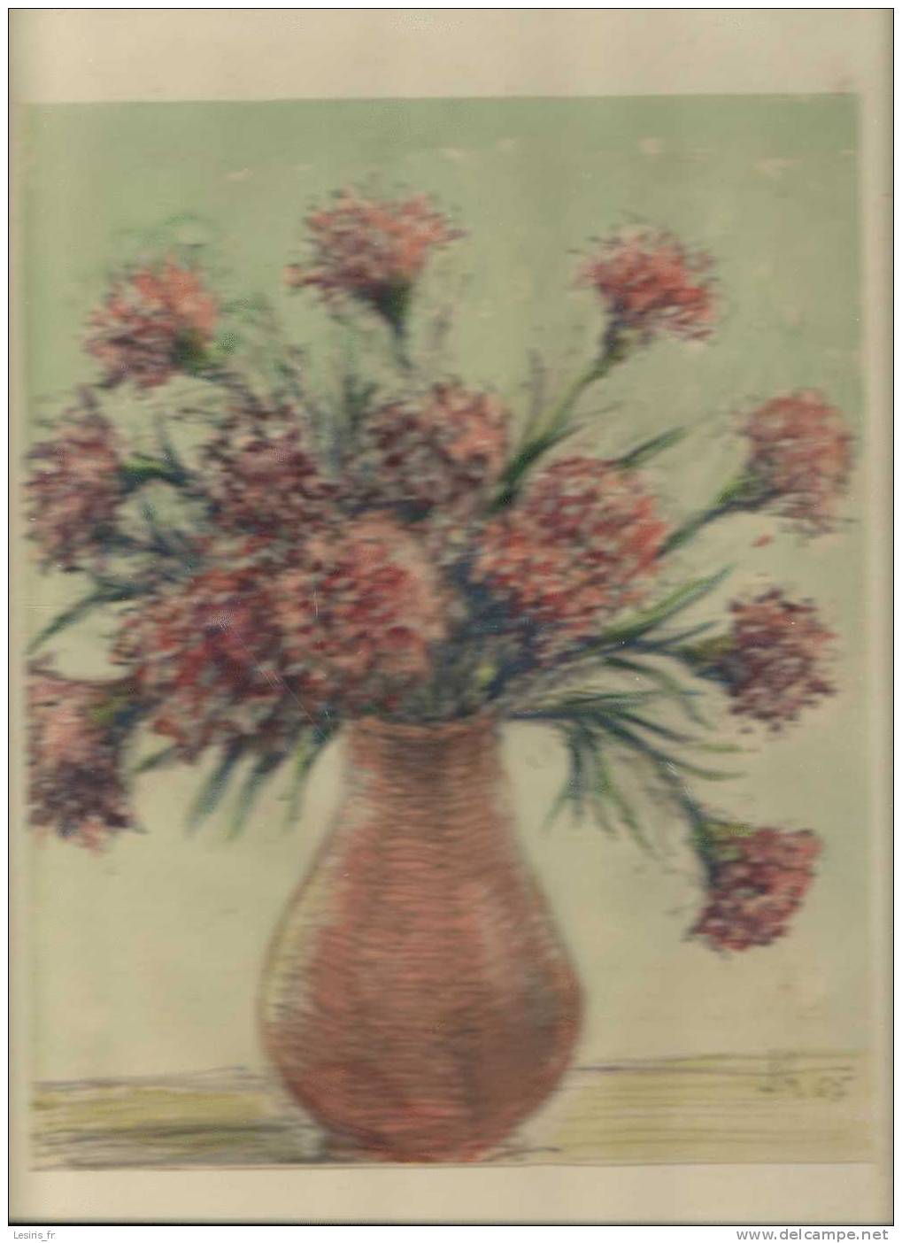 BOUQUET D´OEILLETS DANS UN VASE - BELLE AQUARELLE DATEE ET SIGNEE - J. H. - 65 - Wasserfarben