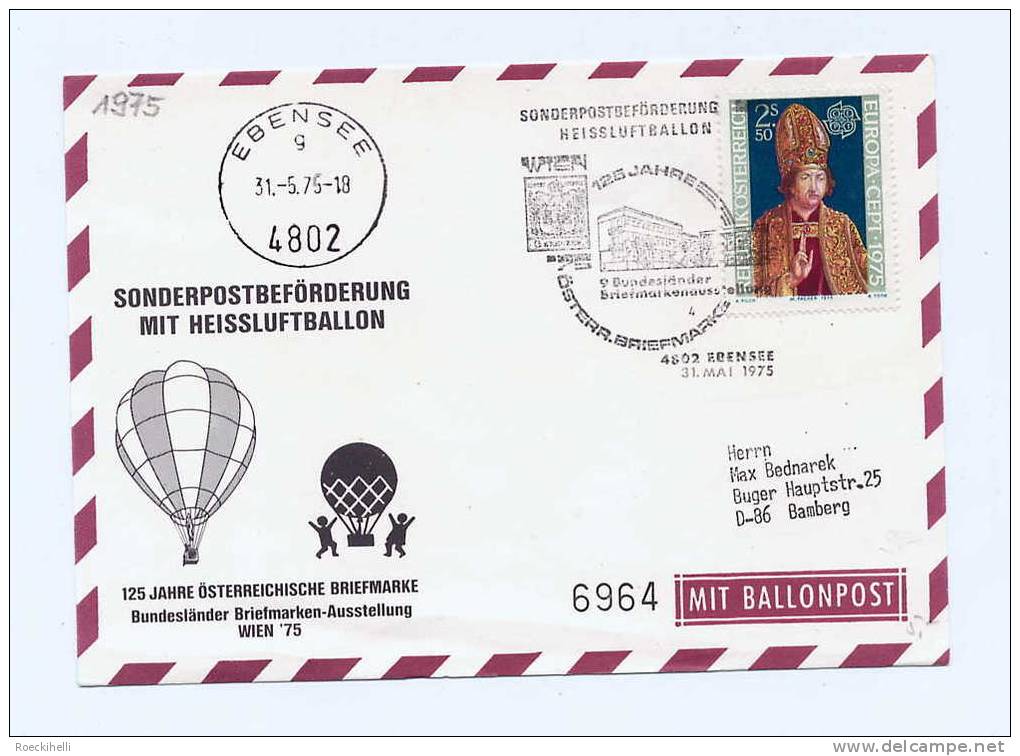 Sonderpostbeförd. Briefmarkenausstell. WIEN ´75  -  4802 Ebensee  - Siehe Scan  (Bapo Wien´75) - Ballonpost