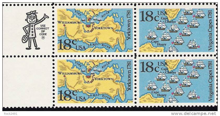 US Scott 1938a (1937 1938) - Zip Block Of 4 - Battle Of Yorktown & Virginia Capes 18 Cent - Mint Never Hinged - Blocks & Sheetlets