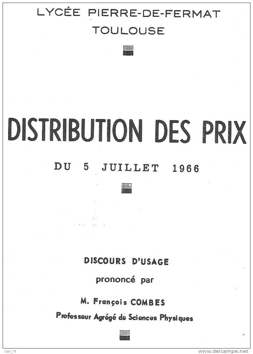 Lycée P. De Fermat à TOULOUSE - DISCOURS Distribution Des Prix 1966 - Midi-Pyrénées